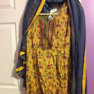 Yellow Kurta and Blue Dupatta with custom Indian embroidery